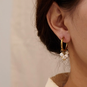 18K gold plated stainless steel hoop earrings with freshwater pearls for women
