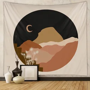 Bohemian Abstract Mountain Moon Tapestry Polyester Wall Hanging Morandi Earth Tones Boho Art Home Decor