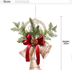 Detail of 35cm Christmas golden glitter bells with a red silk bow and natural pine cone