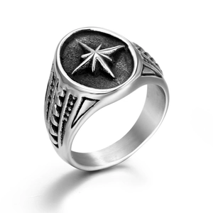 Vintage silver titanium steel signet ring with engraved star pattern on white background