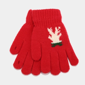 Women's red Christmas knitted gloves featuring festive reindeer antler jacquard pattern