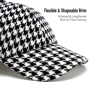 Retro houndstooth baseball cap with curved brim and wide visor for face slimming effect