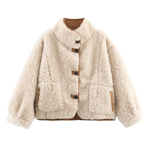 Women's reversible fleece jacket in beige with brown trim and standing collar style