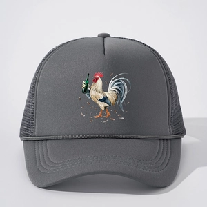 Dark grey trucker hat featuring a stylish rooster printing with mesh back and adjustable strap