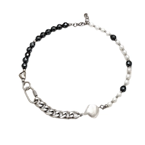 Spliced Necklace With Titanium Steel Hematite Beads And Faux Artificial Pearl Heart Pendant Retro Hip Hop Unisex Jewelry Gift