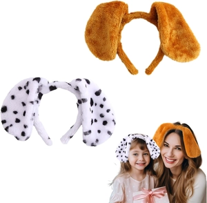 Detail von flauschigem Dalmatiner-Hundeohren-Haarreif für Cosplay in braun und gefleckt