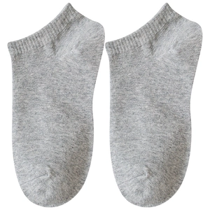 Close-up of heather grey low-cut ankle socks with ribbed cuffs on white background