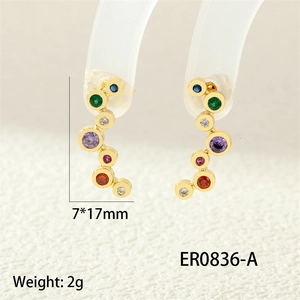 Macro shot of colorful faceted zircon earrings with gold plating and size measurements