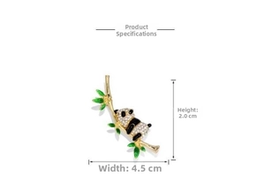 Detailed size view of sparkling panda brooch on golden bamboo branch 4.5cm wide