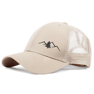 Khaki trucker hat with mountain embroidery and breathable mesh, 45-degree front view