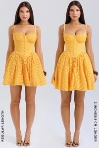 Lace mini dress length comparison showing regular vs five centimeter longer version