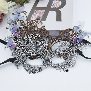 Elegant Halloween butterfly mask with silver and bronze lace, floral decorations and rhinestones