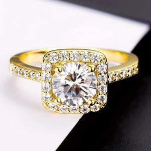 Luxury gold plated ring featuring a large center zircon with micro pave halo stones