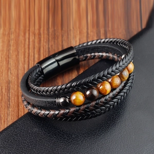 Bracelet multicouche en cuir pour homme avec pierre oeil de tigre et fermoir aimanté