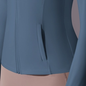 Women's slim fit hooded sports jacket in dark grey-blue with zipper and hidden pockets
