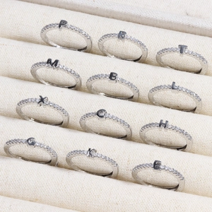 Adjustable 18k gold plated brass letter rings with sparkling zircon pave setting