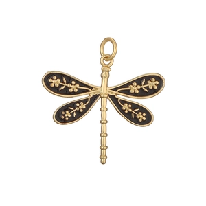 Close-up of golden dragonfly pendant with black enamel wings and floral pattern