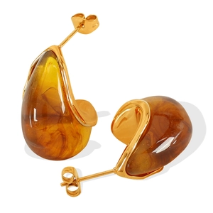 Boucles d'oreilles vintage en résine ambre et acier inoxydable plaqué or 18 carats