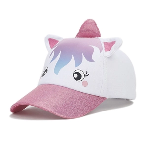 Detail of a kids unicorn baseball hat featuring pink glitter ears and a 3D sparkling horn
