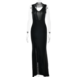 Detail of elegant black sleeveless maxi dress with high slit and side ruched texture