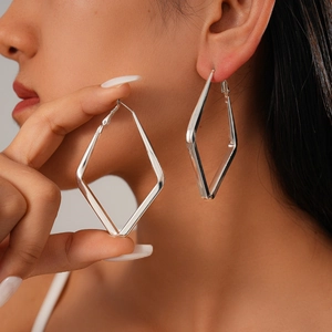Geometric Rhombus Hoop Earrings For Women Metal Glossy Minimalist With 925 Sterling Silver Earring Post