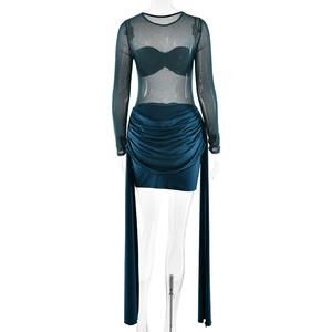 Detail view of mesh long sleeves and pleated mini dress with long ribbons in dark green