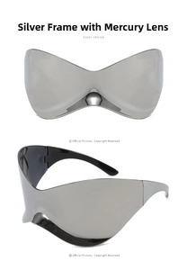 Detail view of silver frame Y2K sunglasses with futuristic silver mirror lenses