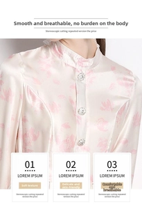 Detail of satin floral shirt with stand collar and elegant pink watercolor print
