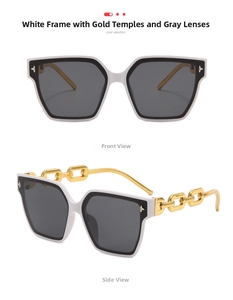 Front and side views of large white frame sunglasses with gold chain temples and dark lenses