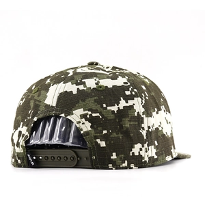 Detail of adjustable snapback closure on digital camouflage hip hop baseball cap