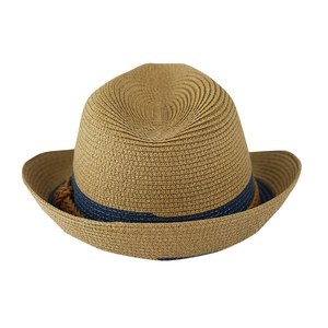 Detail of Panama straw fedora with blue ribbon and brown woven rope decoration