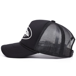 Retro black trucker hat with mesh back and scenic island mountain print for men and women