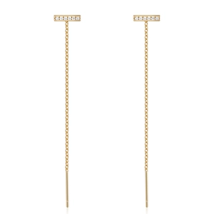 Minimalist gold threader earrings with cubic zirconia bar detail on a long chain