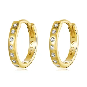 S925 sterling silver gold plated hoop earrings with micro-set white zircon stones