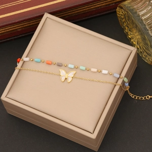 Bohemian gold stainless steel double layer bracelet with crystal beads and white butterfly