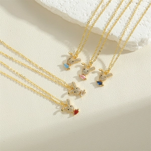 Golden rabbit pendant necklaces with colorful pear-shaped cubic zirconia stones