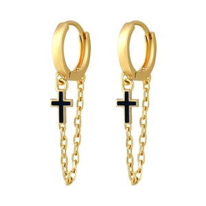Detail of S925 silver needle gold cross earrings with black oil drop and chain link