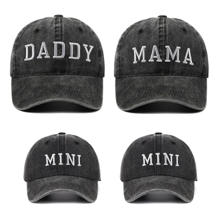 Matching family set of four washed cotton baseball caps with Daddy Mama Mini embroidery