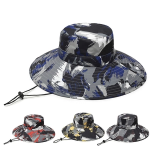 Camouflage Wide Brim Bucket Hat Polyester Breathable Mesh Adjustable Wind Rope Outdoor Fishing Hiking Sun Protection Men