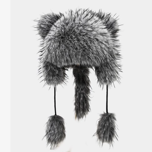 Women Faux Fur Ear Flap Hat Animal Ears Long Tail Plush Thermal Winter Ski Cap With Pom Poms