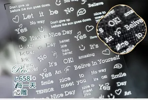 Detailed macro view of 3D embossed white nail stickers with motivational English lettering