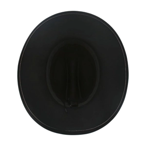 Top-down interior view of a classic black British style jazz hat with flat brim