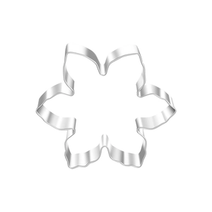 Detailed view of a six-petal flower shaped stainless steel cookie cutter for baking
