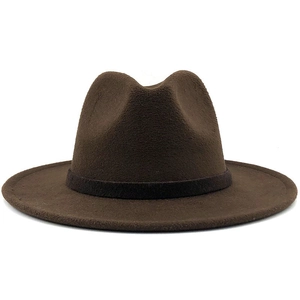 Detail of dark brown fedora hat featuring high-density wool felt and decorative band