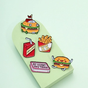 5-piece set of cartoon enamel pins featuring burgers, fries, and funny quote designs