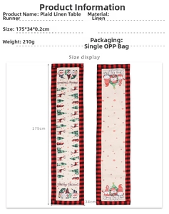 Linen Christmas table runner with red plaid border showing size 175 by 34 cm and weight details
