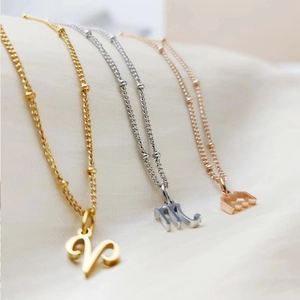 Detailed view of three stainless steel zodiac necklaces in gold, silver, and rose gold.