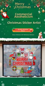 Detail of Christmas window stickers with Santa, snowflakes and Merry Christmas text