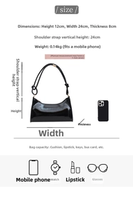 Detailed size guide for baguette bag showing dimensions 24cm width and strap height