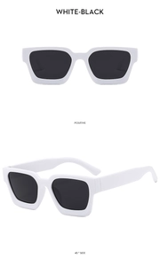 Front and 45-degree side views of square sunglasses with white frames and black lenses